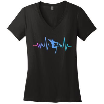 Womens Retro Vintage Skiing Heartbeat Ski Lover Funny Skiers Gifts Women's V-Neck T-Shirt