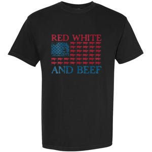 Womens Red White And Beef 4th Of July Cattle American Flag Cow Garment-Dyed Heavyweight T-Shirt