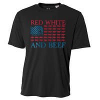 Womens Red White And Beef 4th Of July Cattle American Flag Cow Cooling Performance Crew T-Shirt