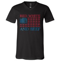 Womens Red White And Beef 4th Of July Cattle American Flag Cow V-Neck T-Shirt