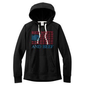 Womens Red White And Beef 4th Of July Cattle American Flag Cow Women's Fleece Hoodie