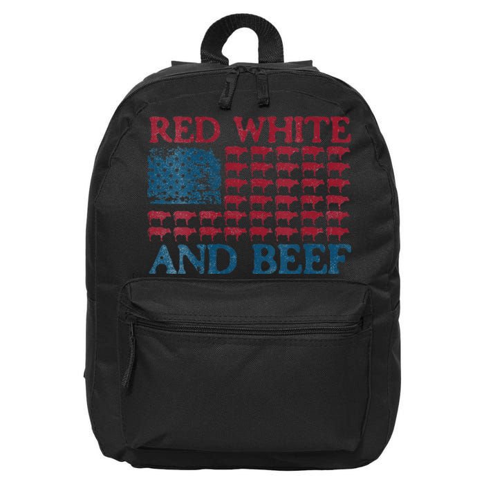 Womens Red White And Beef 4th Of July Cattle American Flag Cow 16 in Basic Backpack