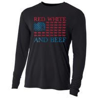 Womens Red White And Beef 4th Of July Cattle American Flag Cow Cooling Performance Long Sleeve Crew