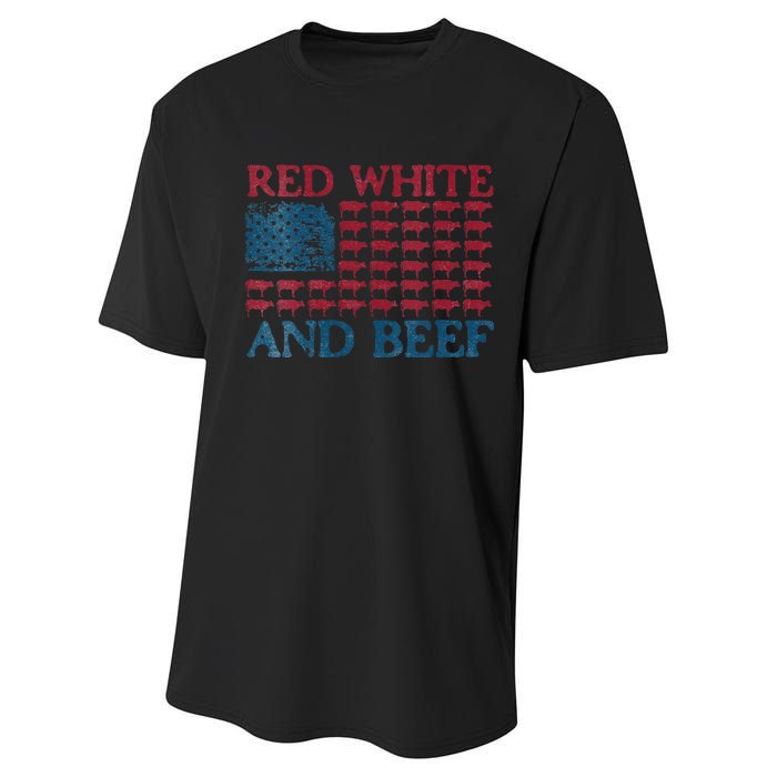 Womens Red White And Beef 4th Of July Cattle American Flag Cow Performance Sprint T-Shirt