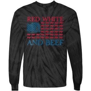 Womens Red White And Beef 4th Of July Cattle American Flag Cow Tie-Dye Long Sleeve Shirt