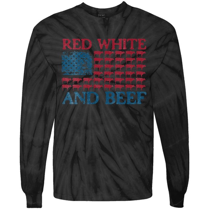 Womens Red White And Beef 4th Of July Cattle American Flag Cow Tie-Dye Long Sleeve Shirt