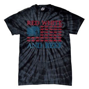 Womens Red White And Beef 4th Of July Cattle American Flag Cow Tie-Dye T-Shirt