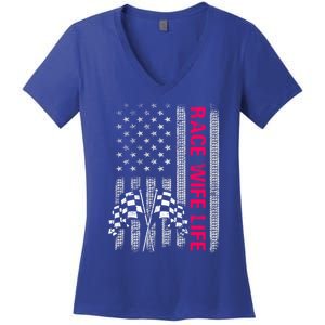 Wo Race Wife Life Racing Racer Mom American Usa Flag Meaningful Gift Women's V-Neck T-Shirt