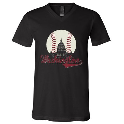 Womens Retro Washington DC Baseball National Mall Silhouette Sport V-Neck T-Shirt