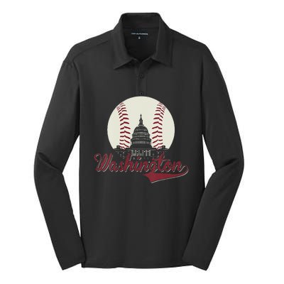 Womens Retro Washington DC Baseball National Mall Silhouette Sport Silk Touch Performance Long Sleeve Polo