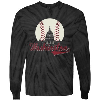 Womens Retro Washington DC Baseball National Mall Silhouette Sport Tie-Dye Long Sleeve Shirt