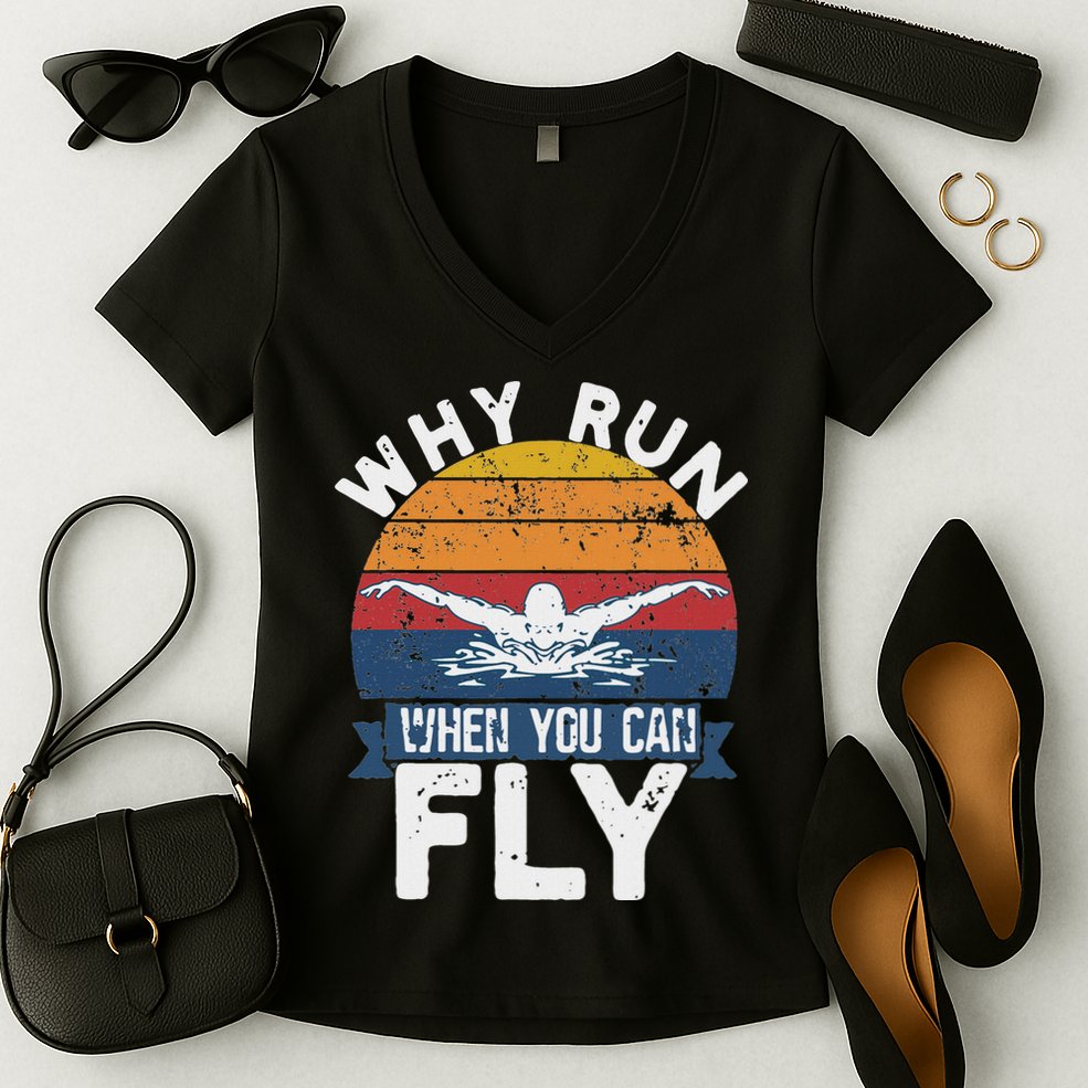 Why Run When You Can Fly Butterfly Stroke Swim Team Swimmi Women's V-Neck T-Shirt