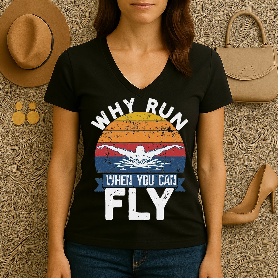 Why Run When You Can Fly Butterfly Stroke Swim Team Swimmi Women's V-Neck T-Shirt