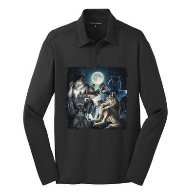 Wolf Ripping Werewolf Alpha Wolf Funny Oddly Meme Silk Touch Performance Long Sleeve Polo