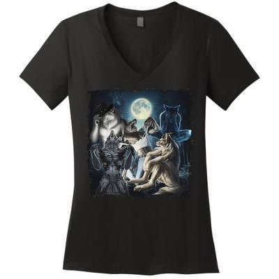 Wolf Ripping Werewolf Alpha Wolf Funny Oddly Meme Women's V-Neck T-Shirt