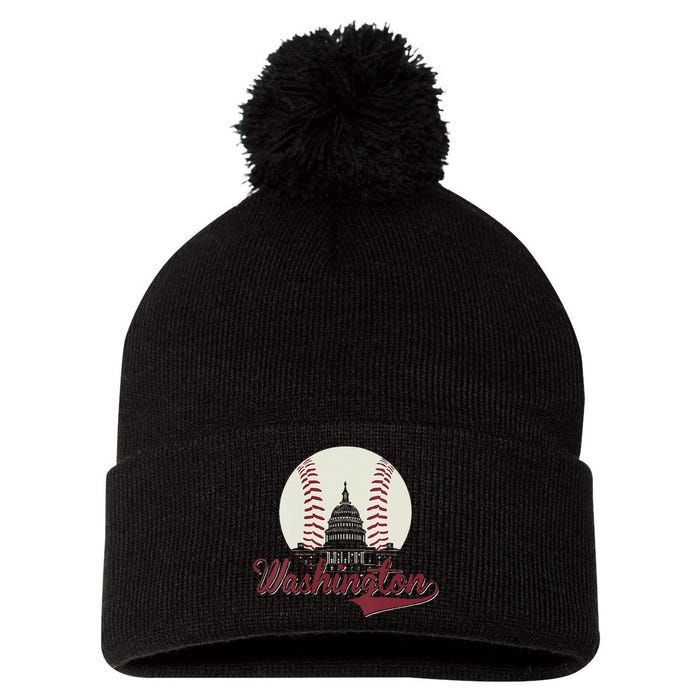 Womens Retro Washington DC Baseball National Mall Silhouette Sport Pom Pom 12in Knit Beanie