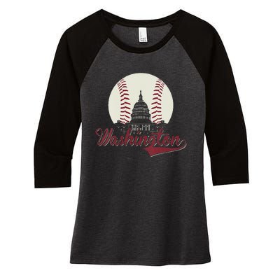 Womens Retro Washington DC Baseball National Mall Silhouette Sport Women's Tri-Blend 3/4-Sleeve Raglan Shirt