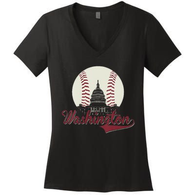 Womens Retro Washington DC Baseball National Mall Silhouette Sport Women's V-Neck T-Shirt