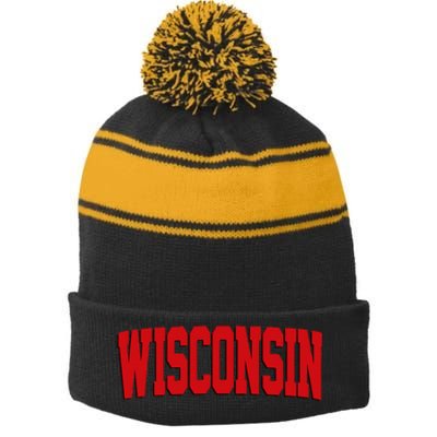 Wisconsin Red Stripe Pom Pom Beanie