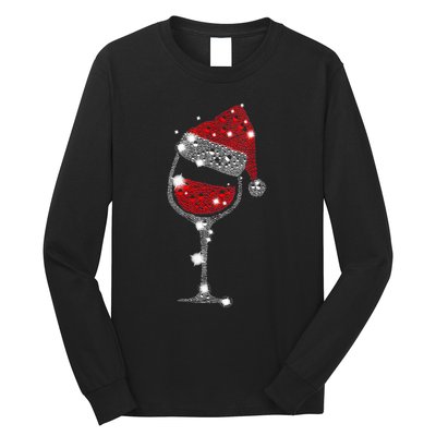 Womens Red Wine Glass Christmas Tee Funny Santa Hat Xmas Gift VNeck TShirt Long Sleeve Shirt