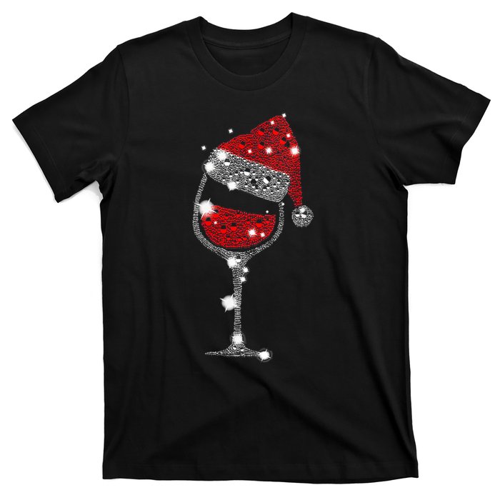 Womens Red Wine Glass Christmas Tee Funny Santa Hat Xmas Gift VNeck TShirt T-Shirt