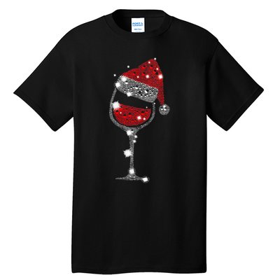 Womens Red Wine Glass Christmas Tee Funny Santa Hat Xmas Gift VNeck TShirt Tall T-Shirt