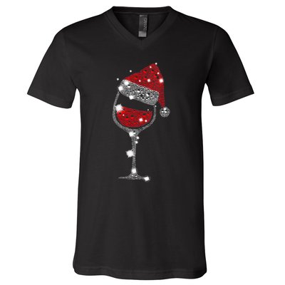 Womens Red Wine Glass Christmas Tee Funny Santa Hat Xmas Gift VNeck TShirt V-Neck T-Shirt