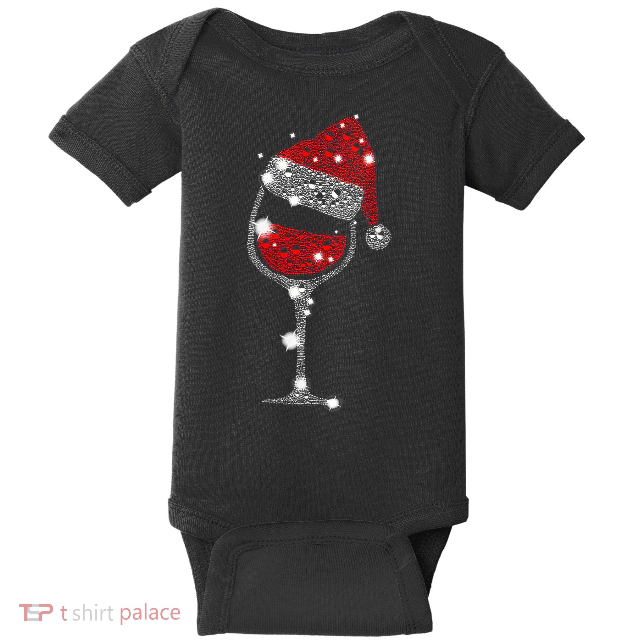 Womens Red Wine Glass Christmas Tee Funny Santa Hat Xmas Gift VNeck TShirt Baby Bodysuit