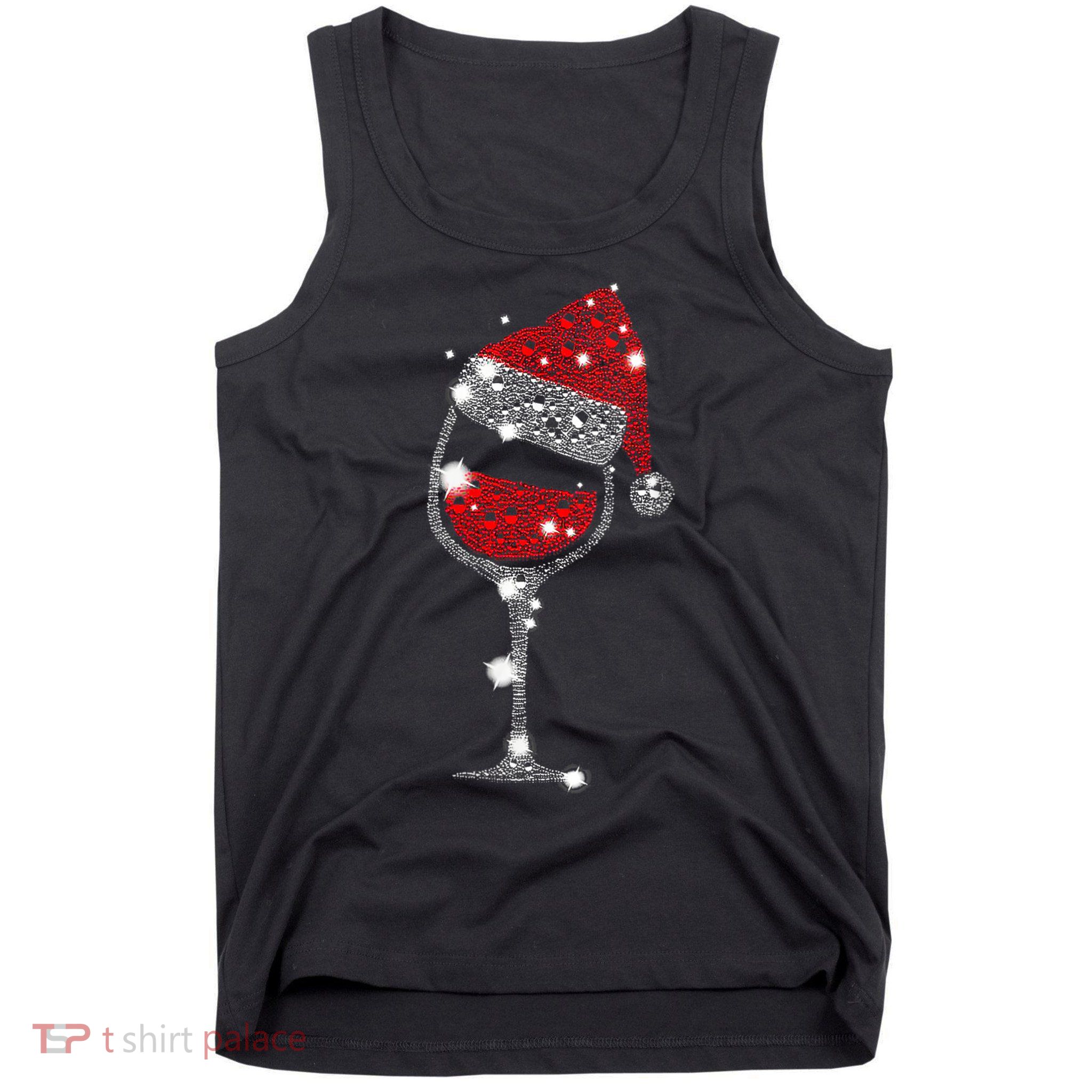 Womens Red Wine Glass Christmas Tee Funny Santa Hat Xmas Gift VNeck TShirt Tank Top