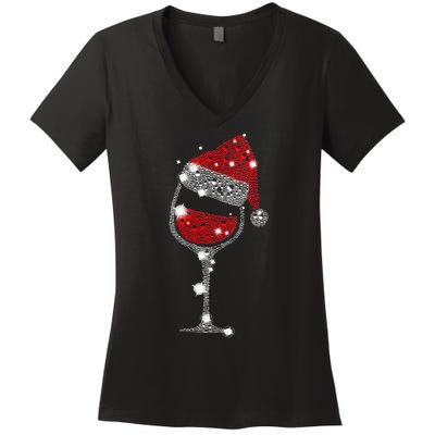 Womens Red Wine Glass Christmas Tee Funny Santa Hat Xmas Gift VNeck TShirt Women's V-Neck T-Shirt
