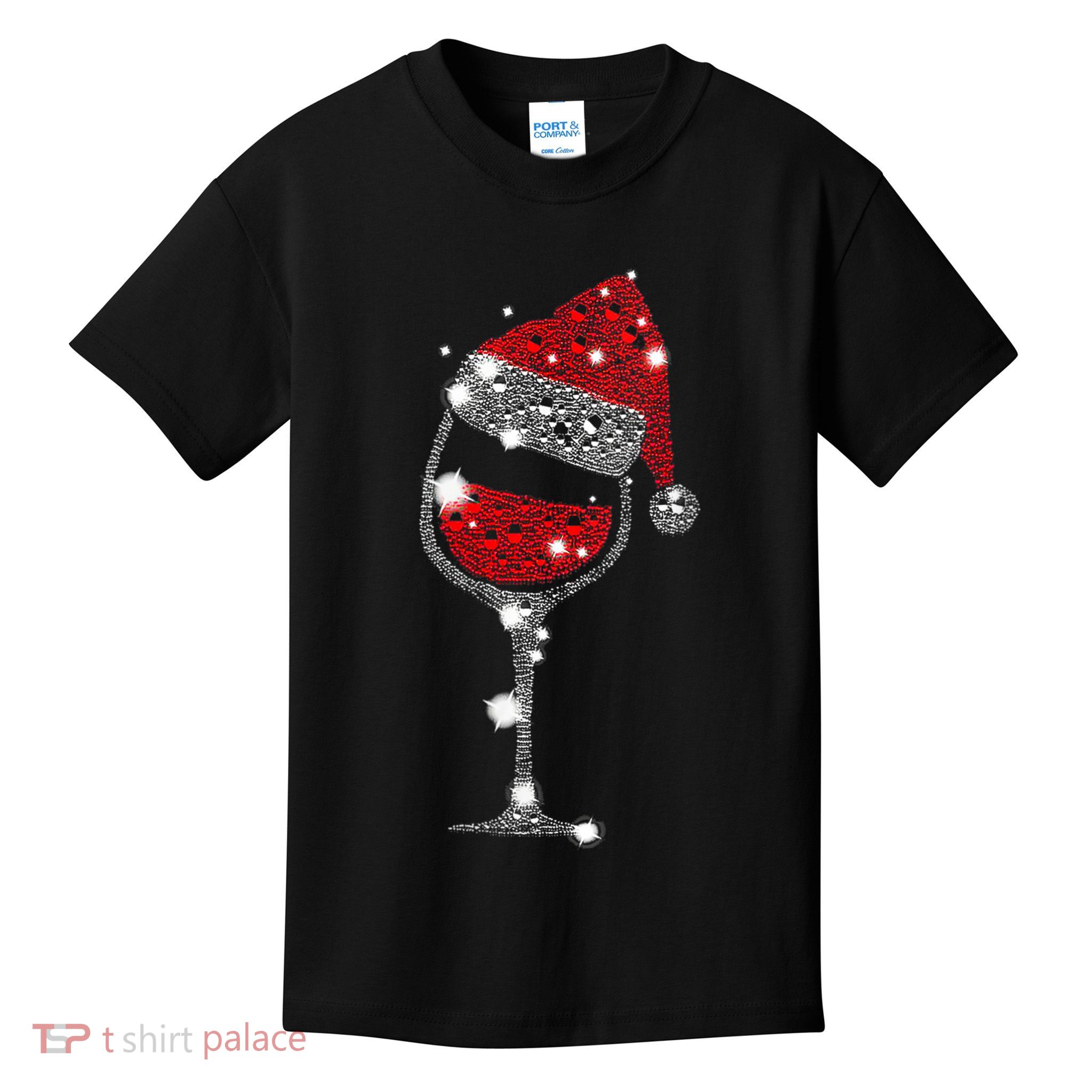 Womens Red Wine Glass Christmas Tee Funny Santa Hat Xmas Gift VNeck TShirt Kids T-Shirt