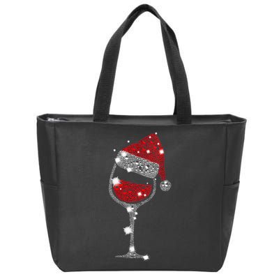 Womens Red Wine Glass Christmas Tee Funny Santa Hat Xmas Gift VNeck TShirt Zip Tote Bag
