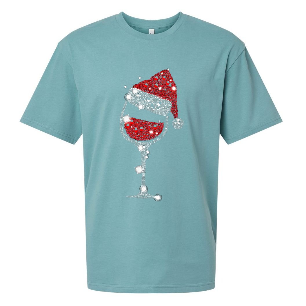 Womens Red Wine Glass Christmas Tee Funny Santa Hat Xmas Gift VNeck TShirt Sueded Cloud Jersey T-Shirt