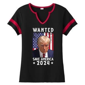 Wanted Save America 2024 Donald Trump USA Flag Ladies Halftime Notch Neck Tee