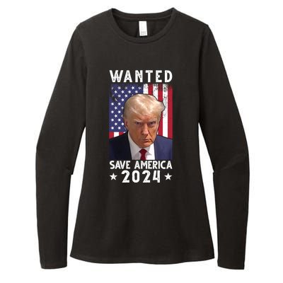 Wanted Save America 2024 Donald Trump USA Flag Womens CVC Long Sleeve Shirt