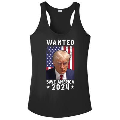 Wanted Save America 2024 Donald Trump USA Flag Ladies PosiCharge Competitor Racerback Tank