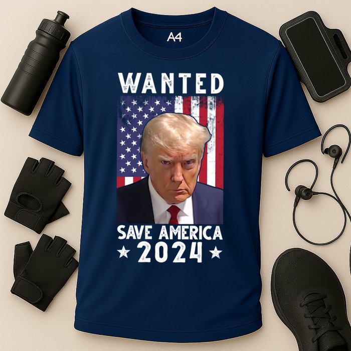 Wanted Save America 2024 Donald Trump USA Flag Cooling Performance Crew T-Shirt