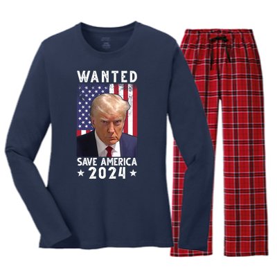 Wanted Save America 2024 Donald Trump USA Flag Women's Long Sleeve Flannel Pajama Set 