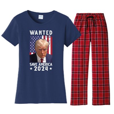 Wanted Save America 2024 Donald Trump USA Flag Women's Flannel Pajama Set