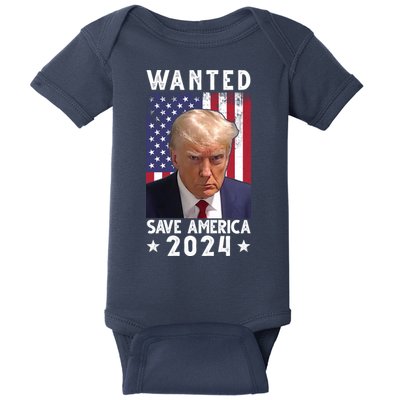 Wanted Save America 2024 Donald Trump USA Flag Baby Bodysuit