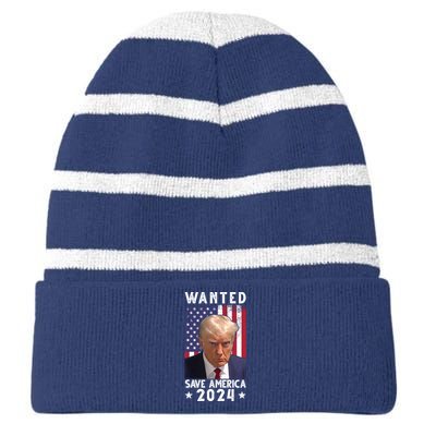 Wanted Save America 2024 Donald Trump USA Flag Striped Beanie with Solid Band