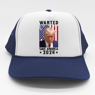 Wanted Save America 2024 Donald Trump USA Flag Trucker Hat