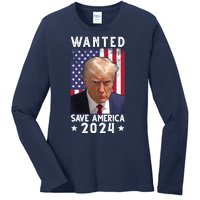 Wanted Save America 2024 Donald Trump USA Flag Ladies Long Sleeve Shirt