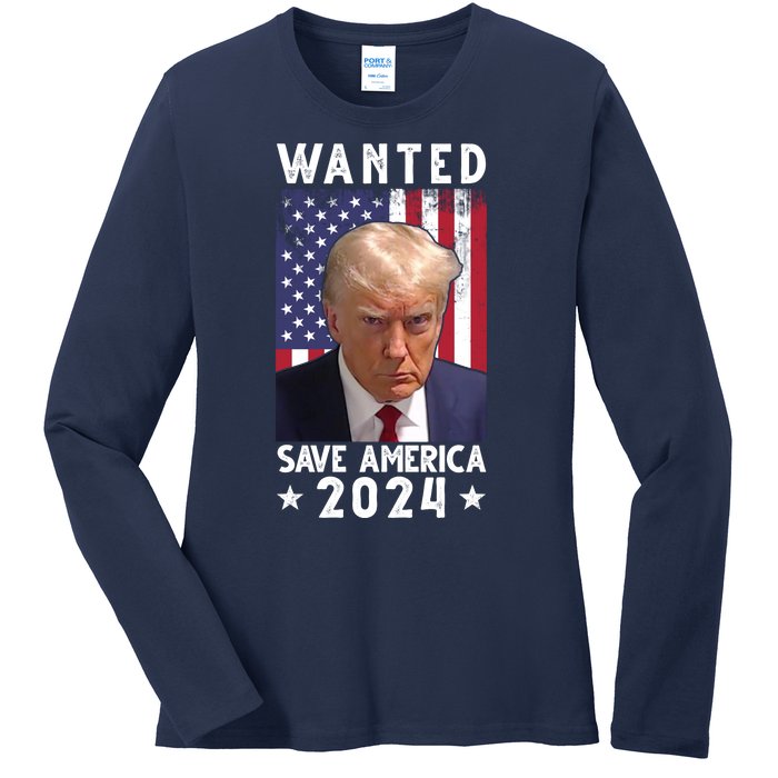 Wanted Save America 2024 Donald Trump USA Flag Ladies Long Sleeve Shirt