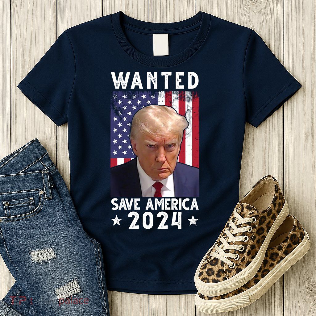 Wanted Save America 2024 Donald Trump USA Flag Womens T-Shirt