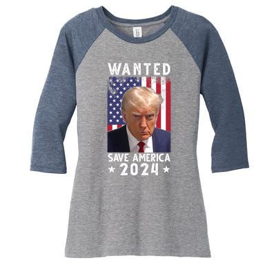 Wanted Save America 2024 Donald Trump USA Flag Women's Tri-Blend 3/4-Sleeve Raglan Shirt