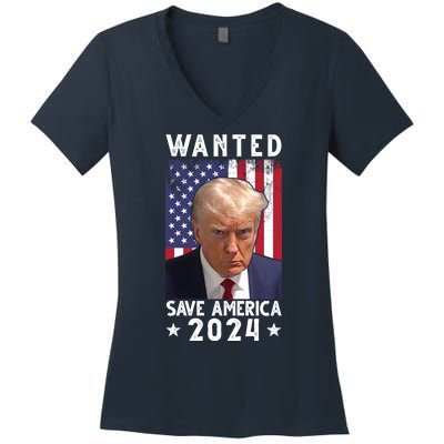 Wanted Save America 2024 Donald Trump USA Flag Women's V-Neck T-Shirt