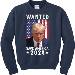 Wanted Save America 2024 Donald Trump USA Flag Kids Sweatshirt