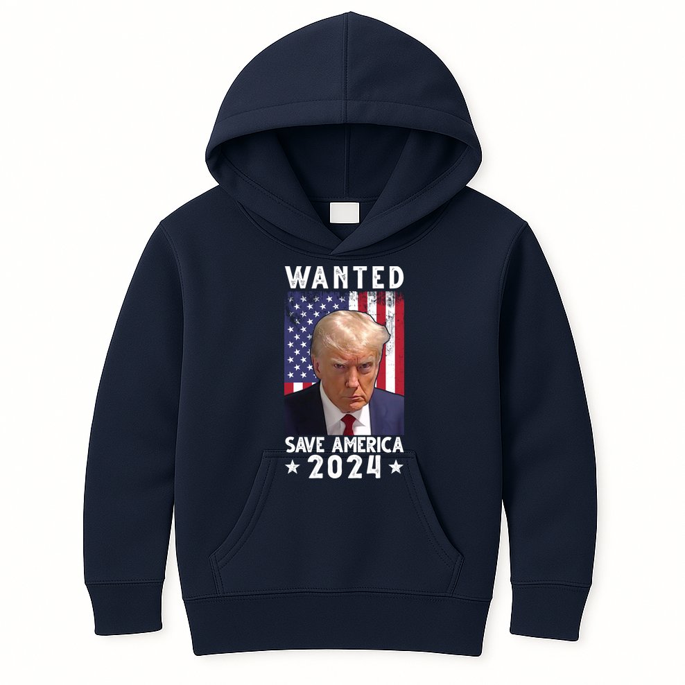 Wanted Save America 2024 Donald Trump USA Flag Kids Hoodie