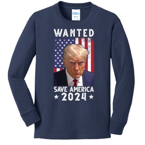 Wanted Save America 2024 Donald Trump USA Flag Kids Long Sleeve Shirt